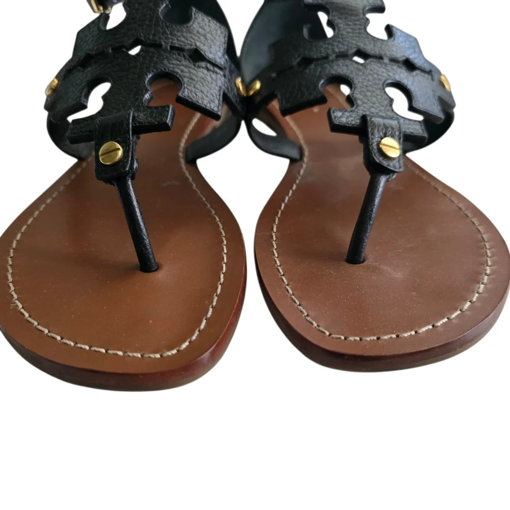 Tory Burch Black Leather T-Strap Sandals – Gold Logo Hardware – Size 8M - Picture 3 of 7